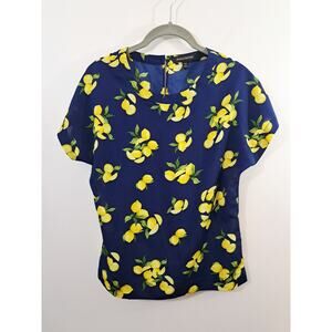 Banana Republic Blouse Women XS Blue Lemons Print Short Sleeve Chiffon Shirt